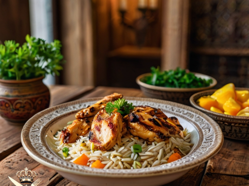 Poulet grillé, riz basmati et soupe de langue d'oiseau.