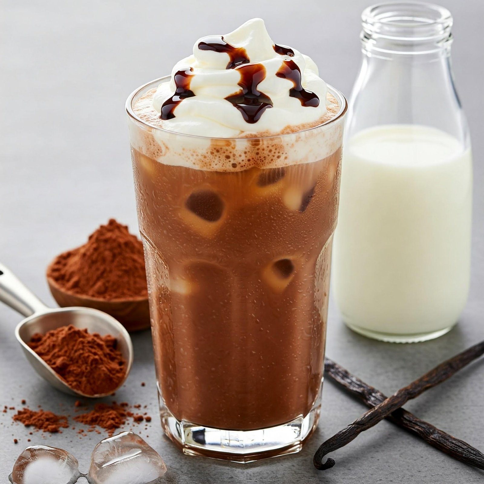 iced hot chocolate with strawberries and mint