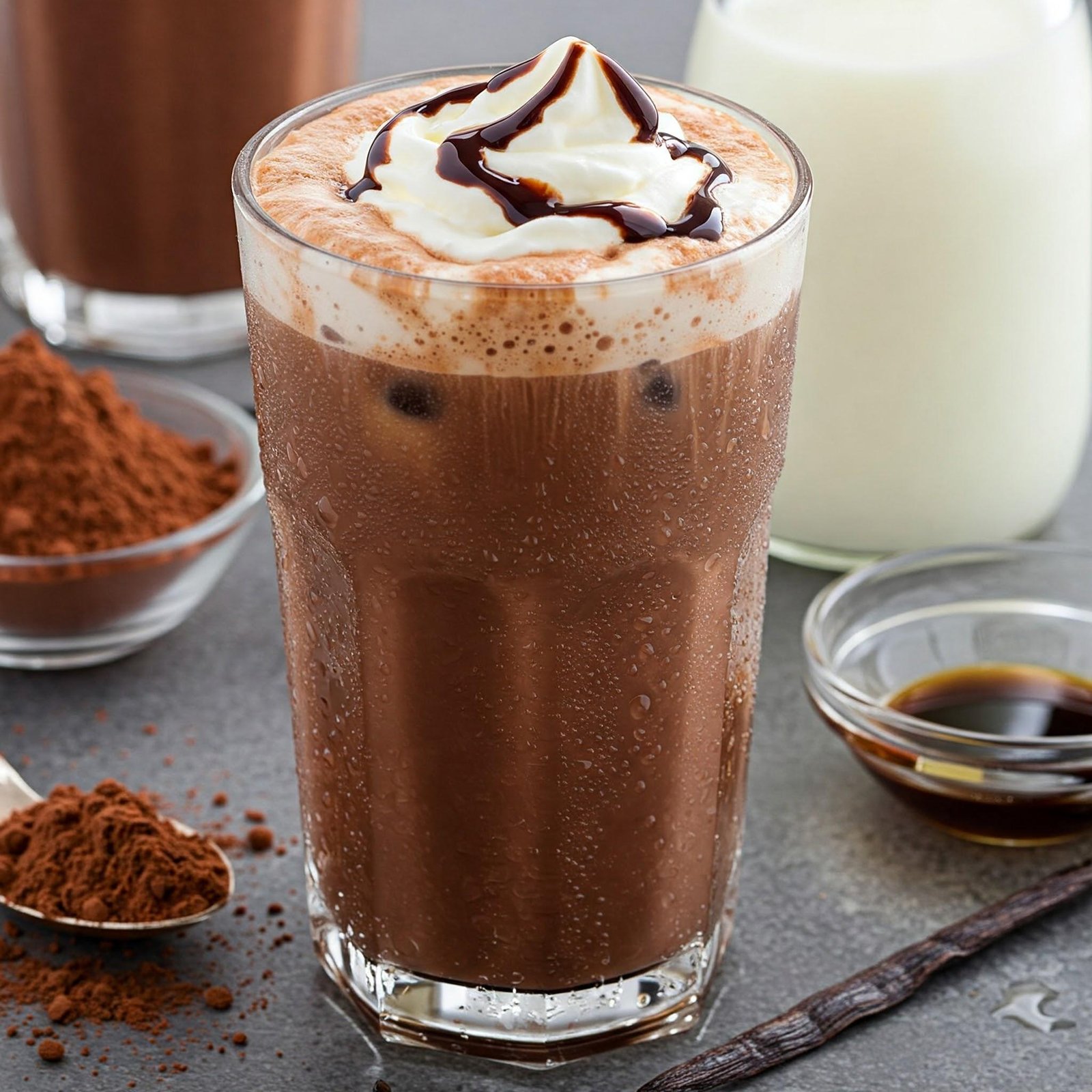 iced hot chocolate with whipped cream and chocolate shavings