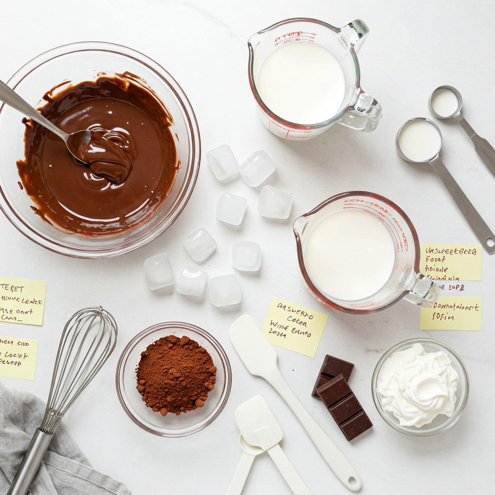 pouring iced hot chocolate over ice cubes in glass