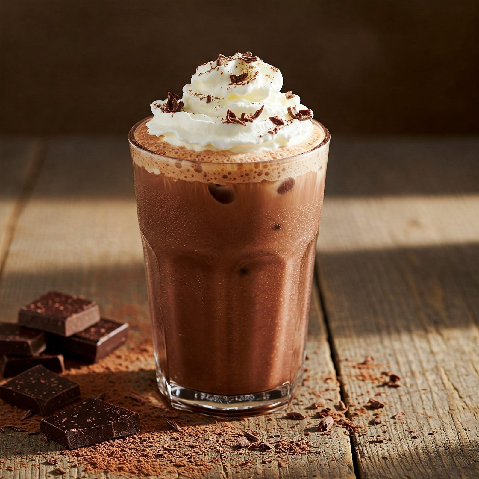 vegan iced hot chocolate with caramel and wooden tray