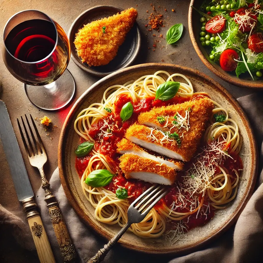 DALL·E 2025-02-22 21.12.49 - A top-down view of a complete meal featuring spaghetti with tomato sauce, crispy breaded chicken cutlet, and a side of fresh green salad. The dish is