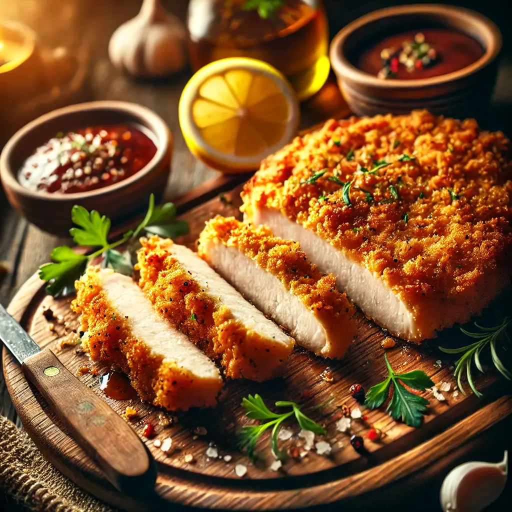 DALL·E 2025-02-22 21.12.52 - A close-up of crispy breaded chicken cutlets on a wooden cutting board, freshly sliced to reveal the juicy interior. The golden-brown crust glistens u