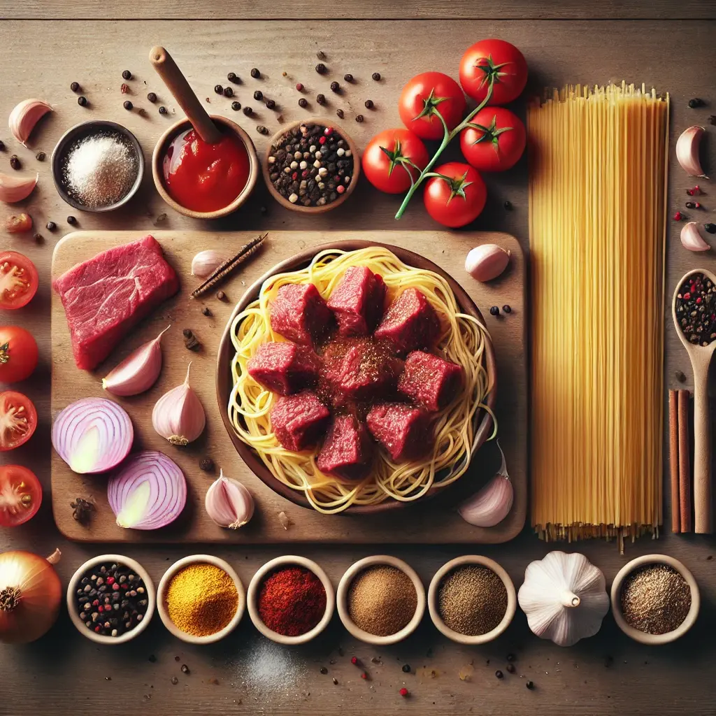 DALL·E 2025-02-22 23.12.56 - A realistic top-down view of fresh ingredients for Spaghetti with Kabab Halla. The image includes raw spaghetti, beef cubes, chopped onions, minced ga